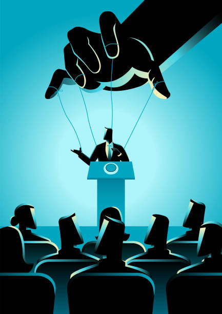 Man on Podium being controlled by puppet master Vector illustration of a man on podium being controlled by puppet master. Corporation controls the politics concept puppet stock illustrations