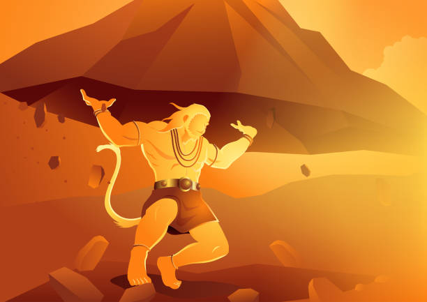 Hanuman lifting up Dronagiri mountain Vector illustration of Hanuman lifting up Dronagiri mountain, Indian God of Hindu ramayana stock illustrations
