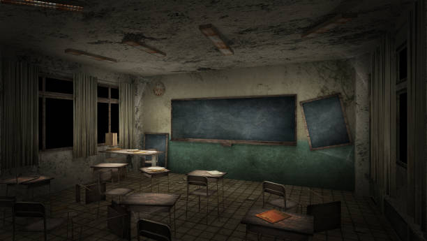 istock horror and creepy classroom in the school. 3D rendering 1254182421