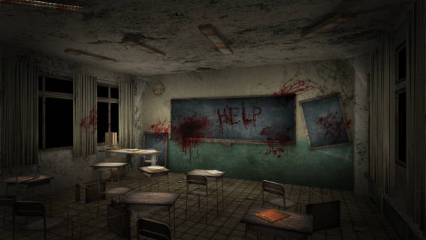 istock horror and creepy classroom in the school with text help blood. 3D rendering 1254182426