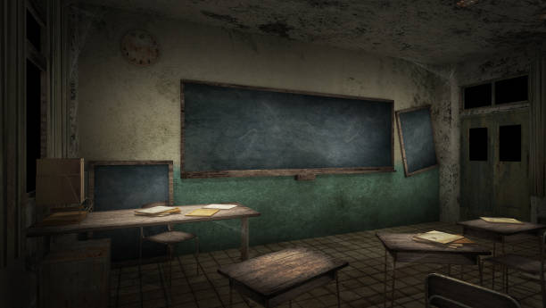 istock horror and creepy classroom in the school. 3D rendering 1254182446