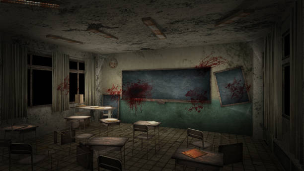 istock horror and creepy classroom in the school with blood. 3D rendering 1254182472