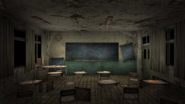 istock horror and creepy classroom in the school. 3D rendering 1254182619