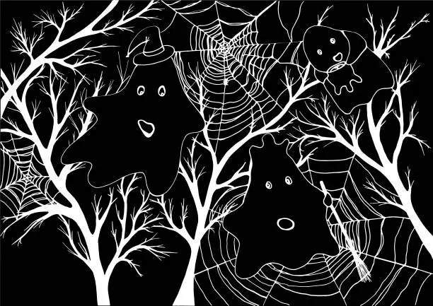 Vector illustration of White silhouette of spiderwebs with a spider on branches of tree and ghosts flying under it on a black background. Vector Halloween illustration for your design.