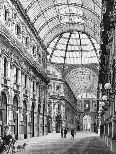 Milan, Lombardy, Italy, 04/27/2019. Galleria Vittorio Emanuele II of Milan. The gallery, built at the end of the 1800s, is an example of the first shopping centers. It contains high fashion stores.