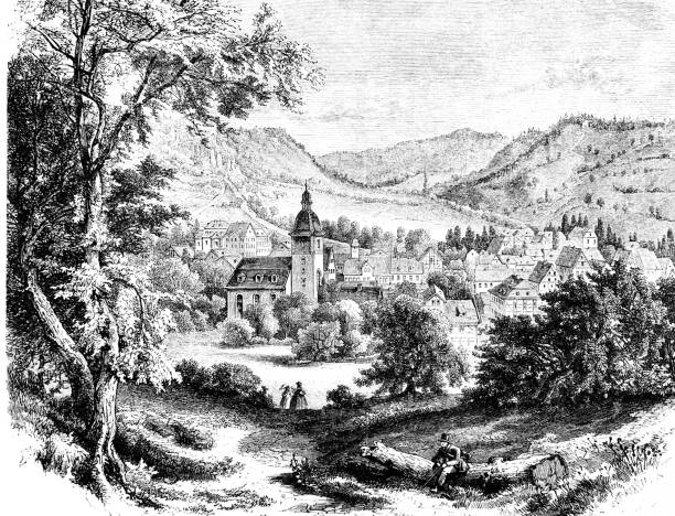 bildungseinrichtung, krithau, thüringen - engraving rural scene engraved image men stock-fotos und bilder