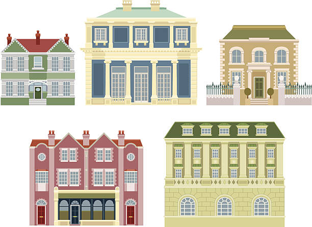 ilustraciones, imágenes clip art, dibujos animados e iconos de stock de edificios old fashioned casas de lujo - house real estate residential structure townhouse