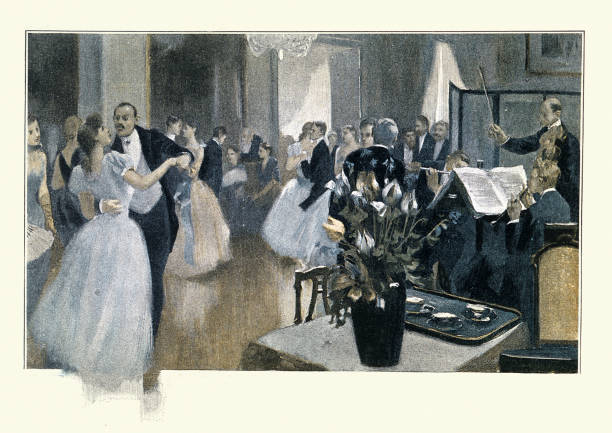 상류 사회 저녁 공에서 춤을 추는 커플, 19 세기, 빅토리아 - dance floor ballroom dancing dancing ballroom stock illustrations