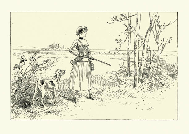 ilustraciones, imágenes clip art, dibujos animados e iconos de stock de joven de moda de caza con perro y pistola, victoriano - shooting women gun shotgun
