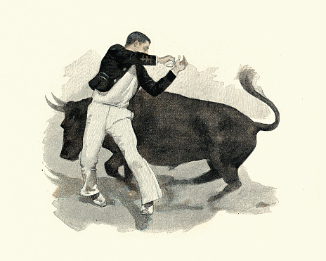 Vintage illustration of a Man dodging a running bull, Victorian 19th Century