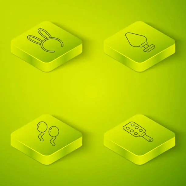 Vector illustration of Set Isometric Anal plug, Sperm, Spanking paddle and Mask with long bunny ears icon. Vector