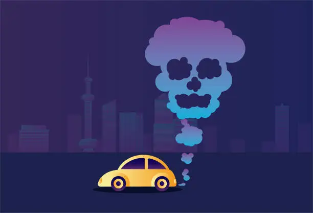 Vector illustration of Car exhaust and skeleton, urban pollution