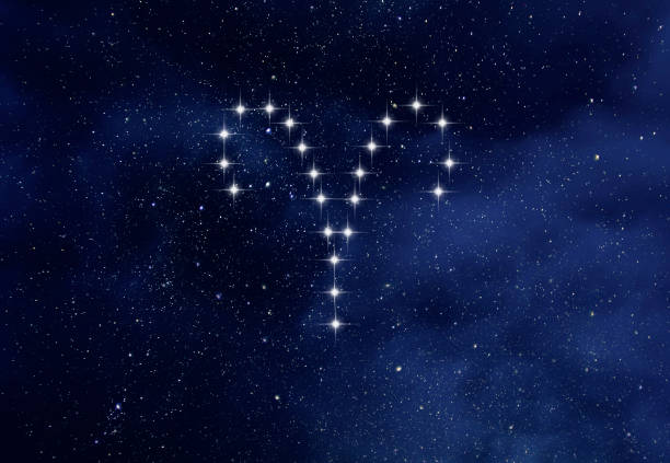 aries constellation in night starry sky, aries zodiac symbol by stars - aries imagens e fotografias de stock