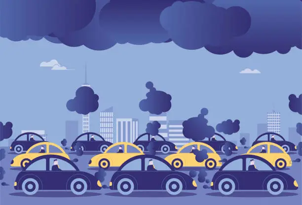 Vector illustration of Automobile exhaust pollutes cities, saving energy and reducing emissions