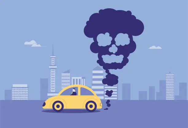 Vector illustration of Car exhaust and skeleton, urban pollution