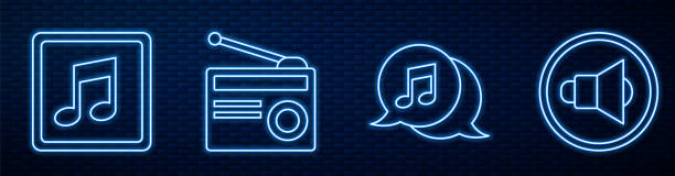 istock Set line Musical note in speech bubble, Music note, tone, Radio with antenna, Speaker volume and Music equalizer. Glowing neon icon on brick wall. Vector 1254195196