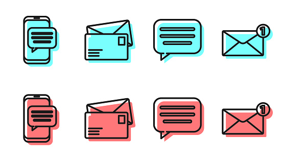 Set line Speech bubble chat, Chat messages notification on phone, Envelope and Envelope icon. Vector
