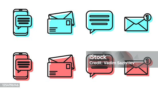 istock Set line Speech bubble chat, Chat messages notification on phone, Envelope and Envelope icon. Vector 1254196146