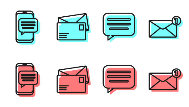 Set line Speech bubble chat, Chat messages notification on phone, Envelope and Envelope icon. Vector Set line Speech bubble chat, Chat messages notification on phone, Envelope and Envelope icon. Vector notification icon illustrations stock illustrations