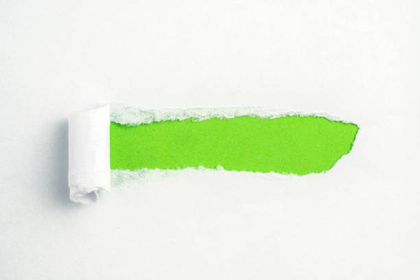 istock Hole in white paper with torn sides over green paper background with space for text. Torn paper for web advertising and print. 1254197069