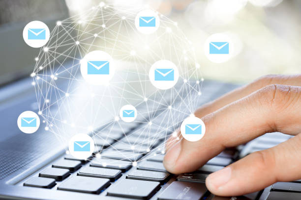 istock Closeup man hand using Laptop pc with email icon, Email concept 1254197401