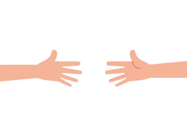 Vector illustration of Two arms reaching out for each other. Helping hand, support concept. Two wide open palms stretching to touch.