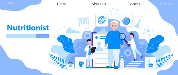 istock Nutritionist concept vector for homepage. Obesity problems of senior. Doctors prescribe a diet, a healthy menu. Keto diet for overweight patient. Fat man is ill. 1254199280
