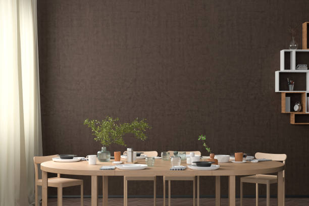 istock Blank wall mock up in the dinning room with served table. 1254200782