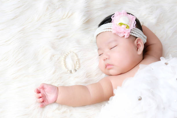 istock Closeup of infant baby sleeping on white background. 1254200942