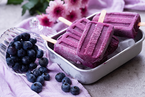 homemade blueberry popsicles and fresh blueberries