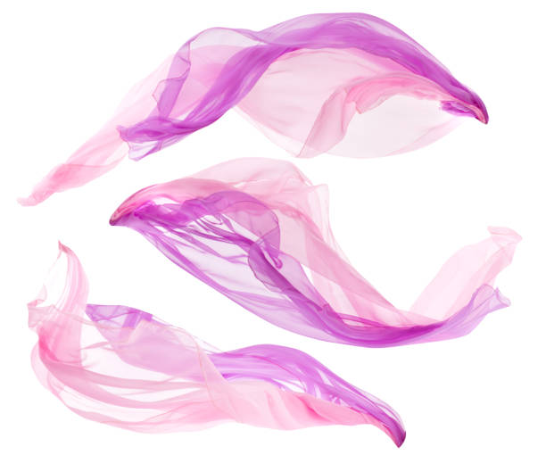 tissu tissu coulant sur le vent, ensemble de flying fluttering pièces de soie rose textile, blanc isolé - shawl photos et images de collection