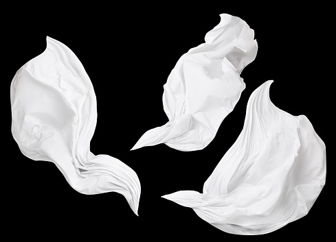 Fabric Cloth Flowing on Wind, Set of Flying Fluttering White Silk Textile Pieces, Isolated over Black background