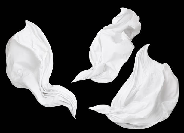 Fabric Cloth Flowing on Wind, Set of Flying Fluttering White Silk Textile Pieces, Isolated Fabric Cloth Flowing on Wind, Set of Flying Fluttering White Silk Textile Pieces, Isolated over Black background black shawl wrap stock pictures, royalty-free photos & images