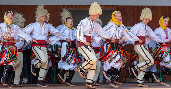 Timisoara: Serbian dancers in traditional costume perform folk dance during International Festival of hearts, organized by the City Hall.
