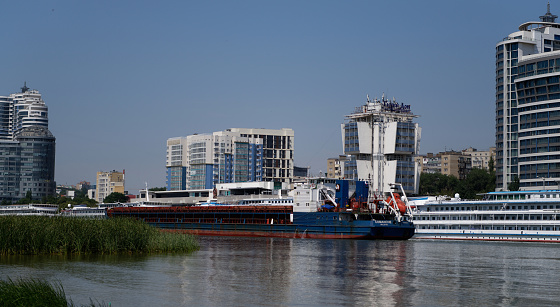 Rostov-on-Don, Russia - July 01, 2020 : Ships on the Don river, view from the left bank