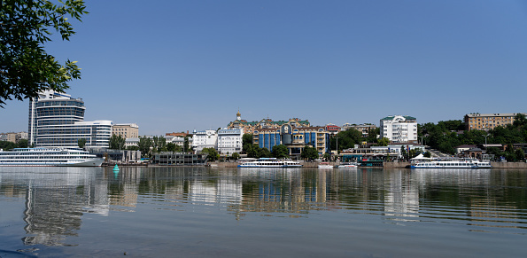 Rostov-on-Don, Russia - July 01, 2020 : Ships on the Don river, view from the left bank