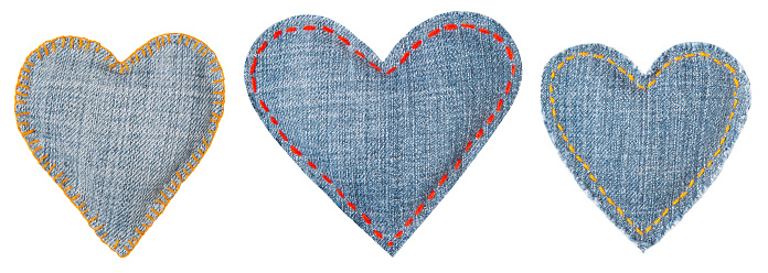 Jeans Heart, Patch with Stitches Seams, Set of Fabric Shapes Isolated over White Background, Love concept