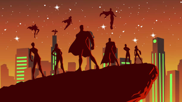 vector superhero team w ilustracji stockowej sylwetka miasta - superhero comic book cityscape flying stock illustrations