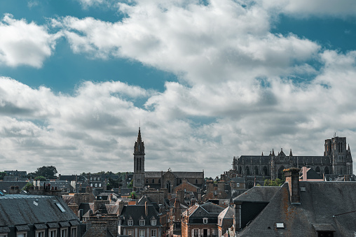 Aerial view on old medieval town of Avranches with a church and rooftops. Normandie, France, Europe