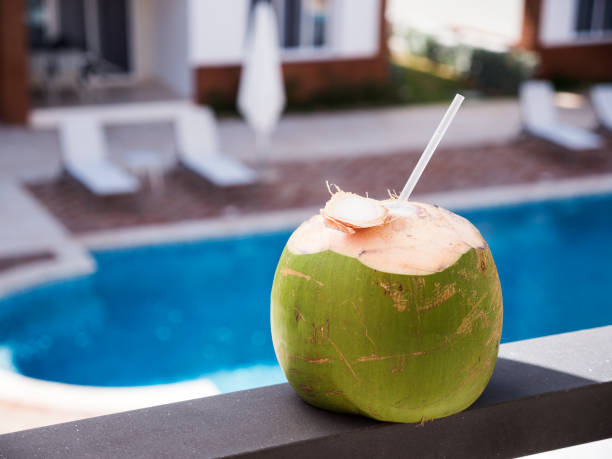fruta de coco con paja en el riel del balcón - tourist resort apartment swimming pool caribbean fotografías e imágenes de stock