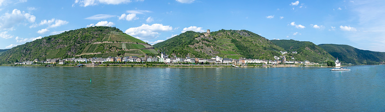 scenic view to middle rRhine Valley with village of Kaub and the fortress Gutenfels in Germany