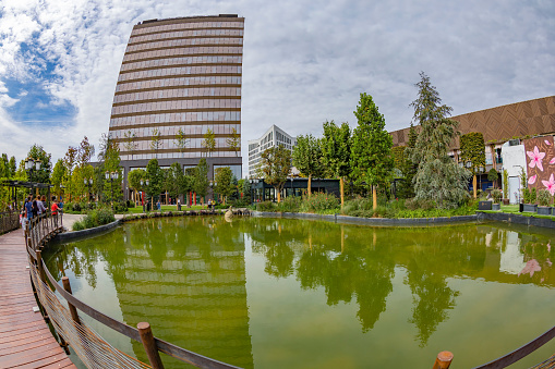 Timisoara: View of Julius Town, a city in a city, new concept that combines businesses buildings, shops, cinemas, restaurants and large green spaces for recreation.