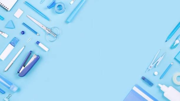 istock Assorted office and school white and blue stationery 1254209359
