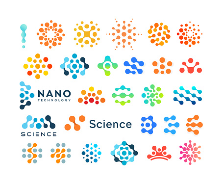 Set of science logo templates, creative dotted logotypes, modern abstract shapes, vector emblem collection.