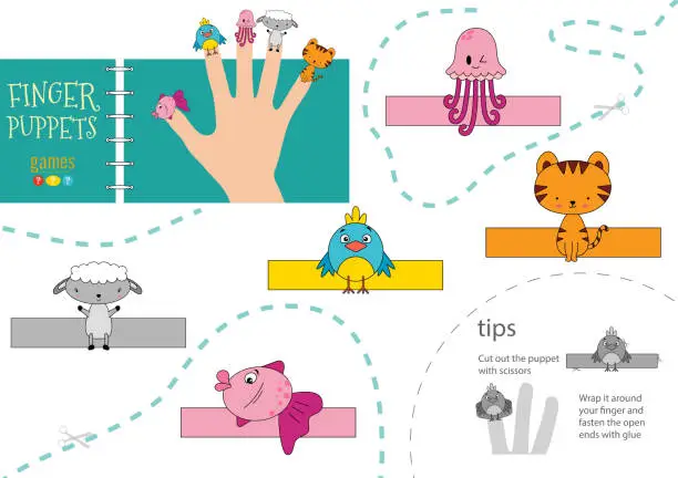 Vector illustration of Vector animals as finger puppets. Cut and glue activity for preschool kids