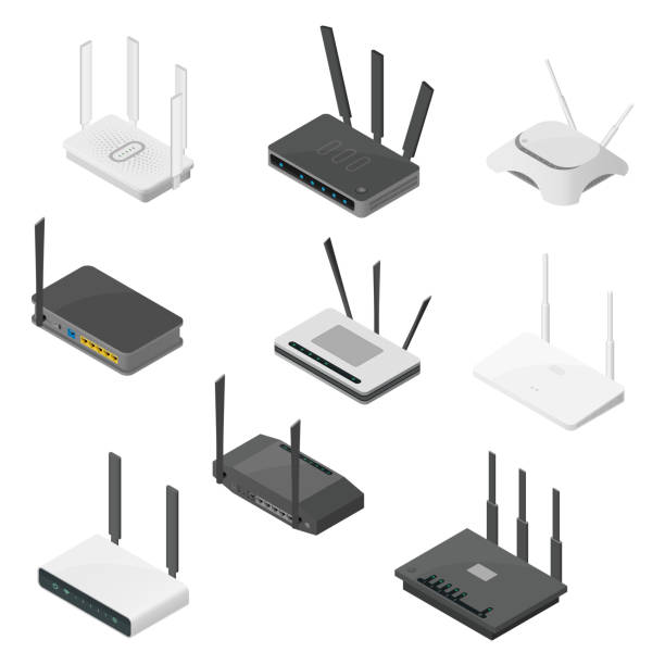 illustrazioni stock, clip art, cartoni animati e icone di tendenza di set isometrico di router. icone vettoriali realistiche isometriche isolate su sfondo bianco. - router