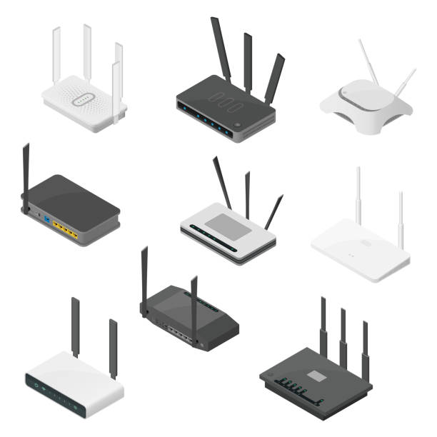 Isometric set of routers. Isometric realistic vector icons isolated on white background. Isometric set of routers. Isometric realistic vector icons isolated on white background. Various models of Internet and wireless equipment router stock illustrations
