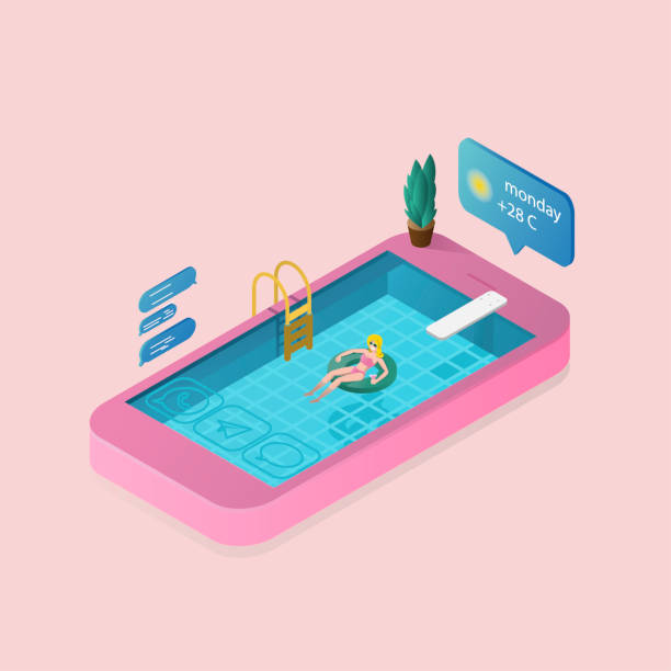 istock pink isometric pool with a girl floating in a rubber ring with a martini glass 1254212858