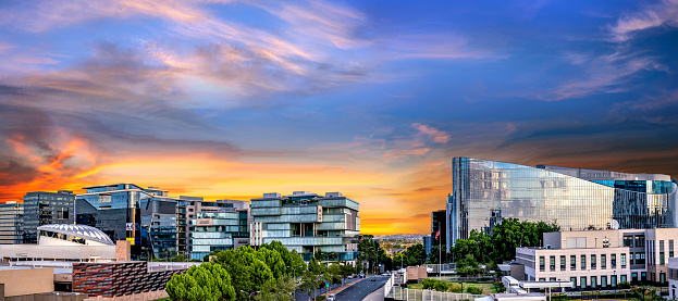 Panorama of Sandton City at sunset with colourful clouds, Gauteng Johannesburg South Africa