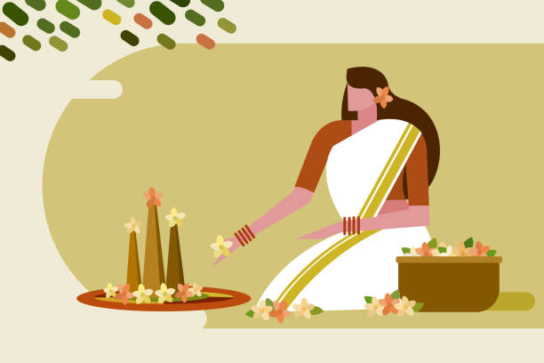 A Woman wearing traditional dress do floral designs on floor A Woman wearing traditional dress do floral designs on floor. Concept of Onam festival in Kerala. pookalam stock illustrations